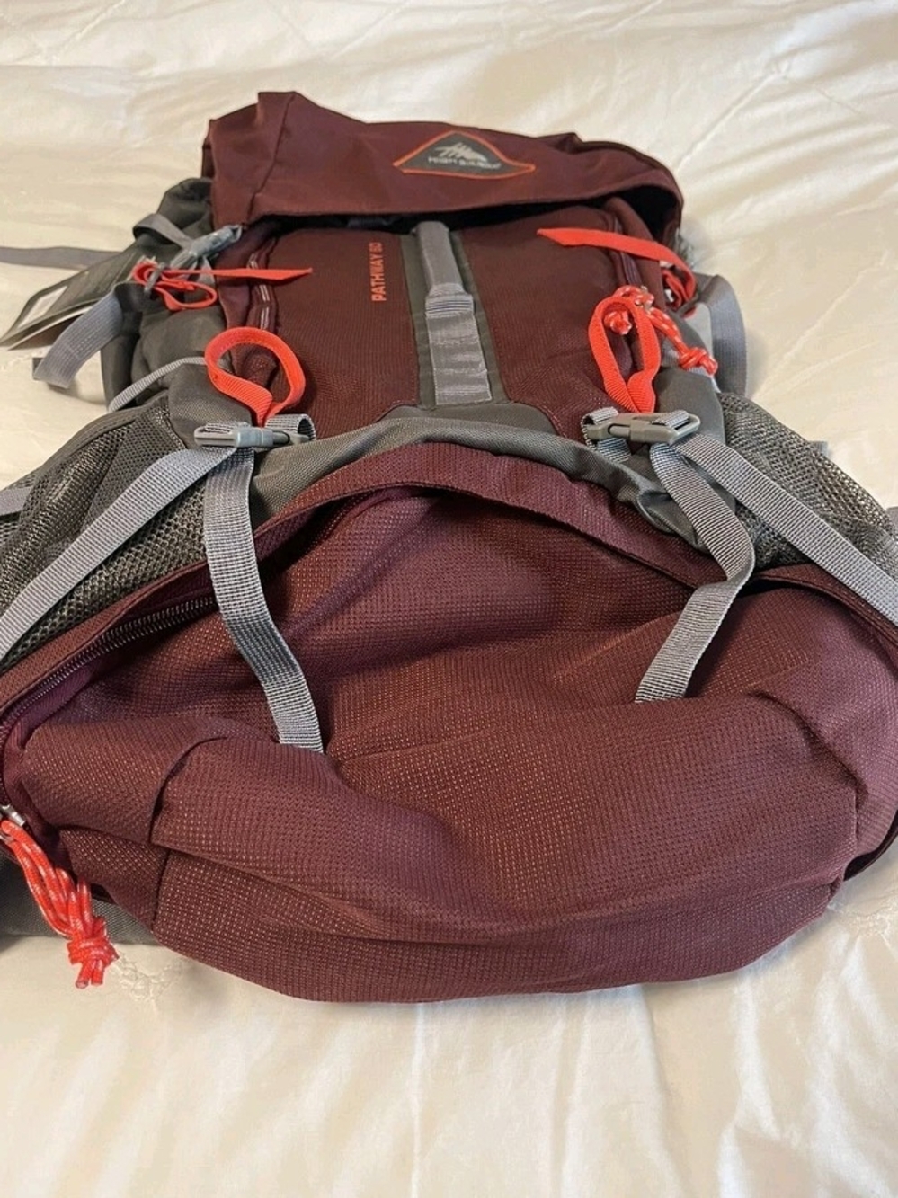 Men's Burgundy Hiking Backpack with Gray Straps and Red Accents